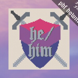 Bisexual Pride Sword and Shield Cross Stitch Pdf Pattern, bi, he/him pronouns
