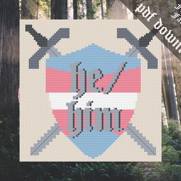 Transgender Pride Sword and Shield Cross Stitch Pdf Pattern, trans, he/him pronouns