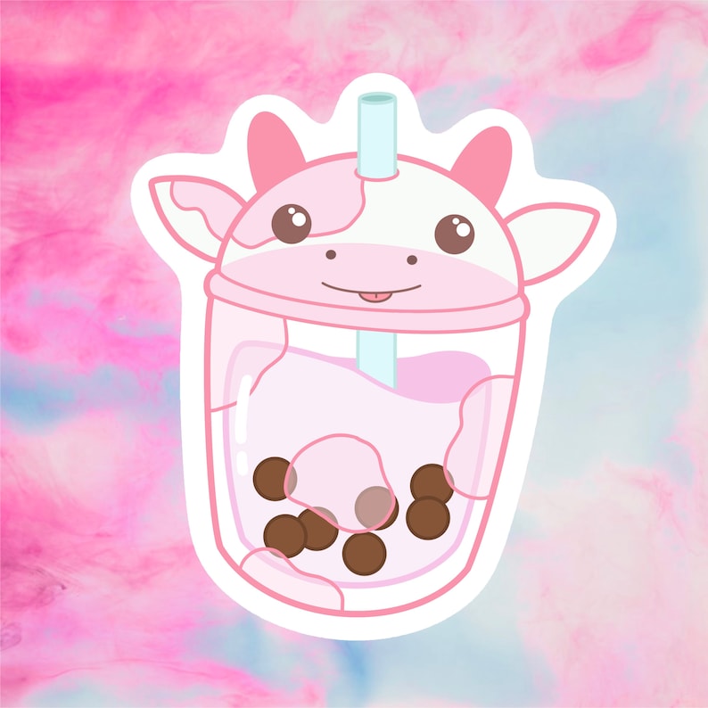 Pink Strawberry Cow Boba Sticker Etsy