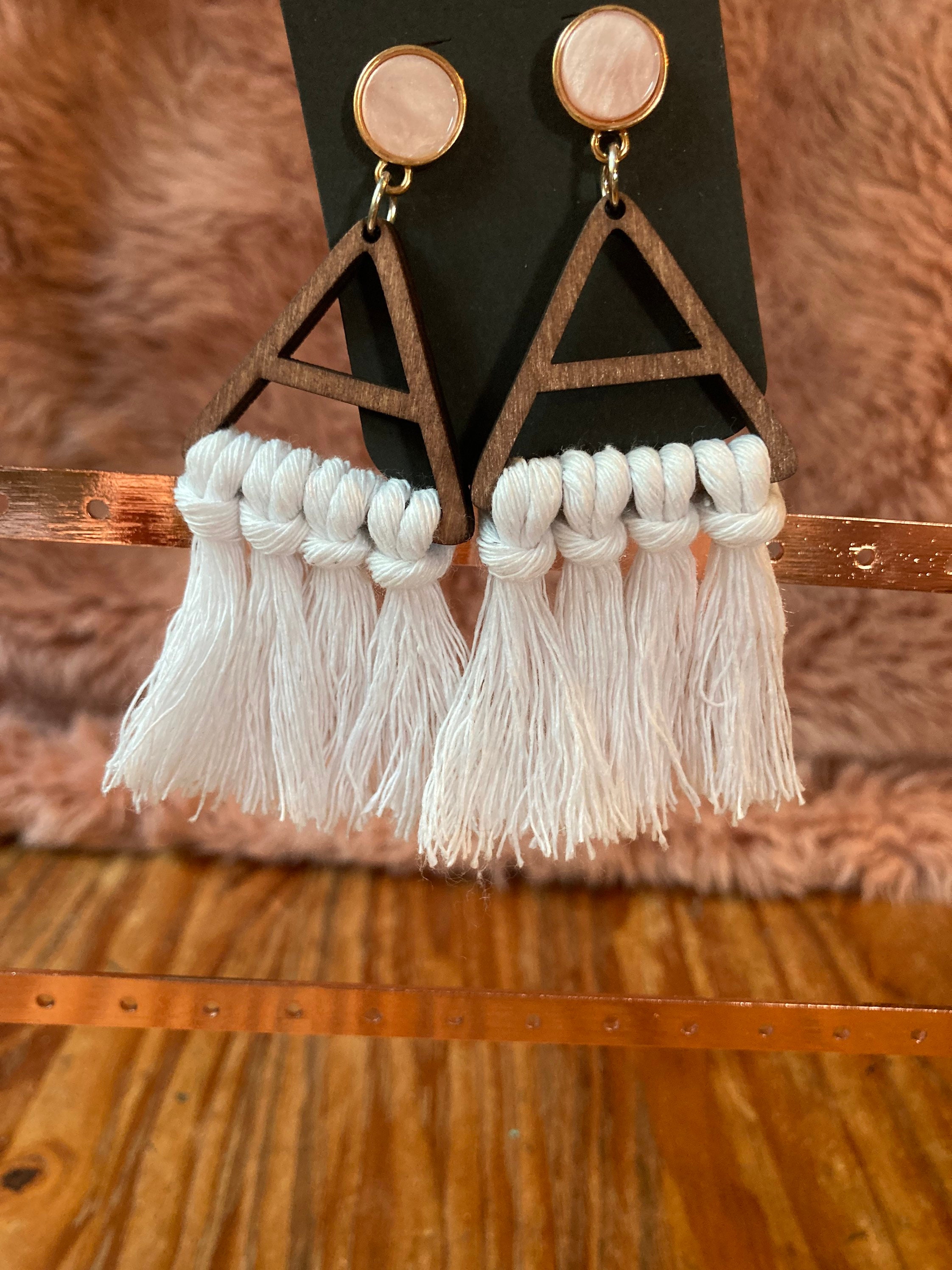 White Macrame stud earrings wooden triangle homemade Etsy