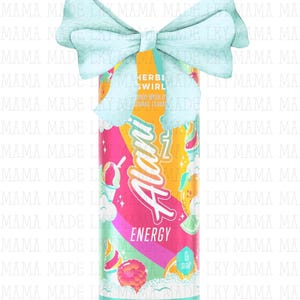 May include: A colorful Alani Energy drink can with a light blue bow on top. The can features the words "Alani Energy" and "Herbe Swirl" with illustrations of fruit and ice cream. The can is 12 fl oz (355ml).