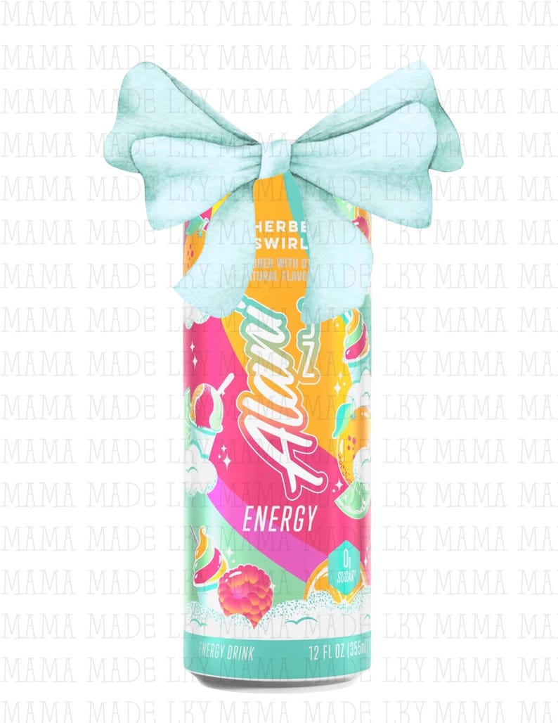 May include: A colorful Alani Energy drink can with a light blue bow on top. The can features the words "Alani Energy" and "Herbe Swirl" with illustrations of fruit and ice cream. The can is 12 fl oz (355ml).
