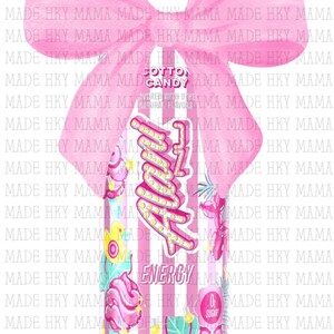 May include: A cotton candy-flavored energy drink can with a pink bow. The can features a pink and white striped design with the word "Zing" in a retro font. The can also has a "0g Sugar" label.