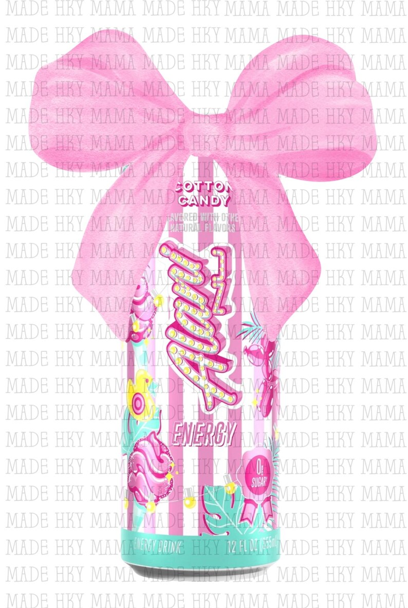 May include: A cotton candy-flavored energy drink can with a pink bow. The can features a pink and white striped design with the word "Zing" in a retro font. The can also has a "0g Sugar" label.