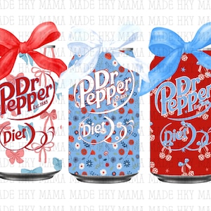 May include: Three soda cans featuring the Dr Pepper logo and the word Diet. The first can is white with pink bows, the second is light blue with a floral pattern, and the third is red with a cherry pattern. Each can is topped with a large fabric bow.