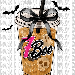 May include: A digital illustration of an iced coffee in a clear plastic cup with a black straw and a black bow. The cup contains ice cubes, a skull, and a bat. The text 7 Boo is displayed in pink and black. Three black bats fly around the cup.