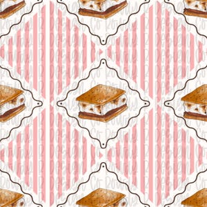 May include: A repeating pattern featuring illustrations of s'mores centered within brown outlined quatrefoil frames. The background consists of vertical light pink and white stripes. The s'mores show brown graham crackers with white marshmallow and chocolate layers.