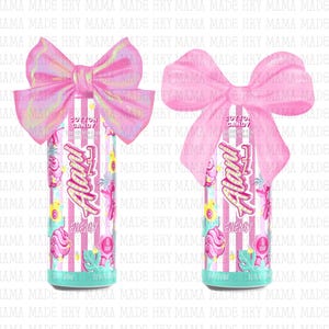 May include: Two cotton candy-flavored Alani Nu energy drink cans with pink and white striped backgrounds. Each can has a pink bow on top. The cans feature the text "Alani" and "Energy".