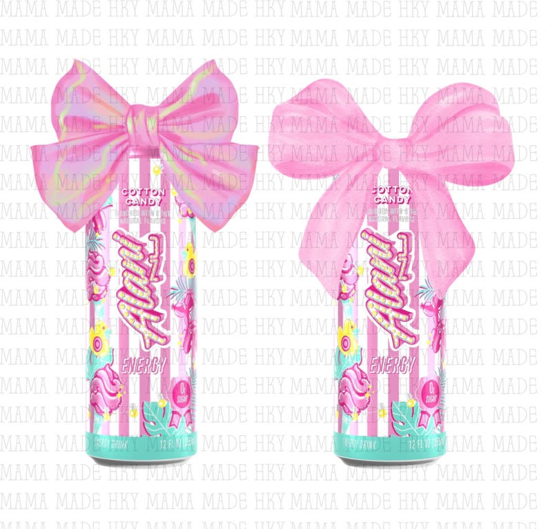May include: Two cotton candy-flavored Alani Nu energy drink cans with pink and white striped backgrounds. Each can has a pink bow on top. The cans feature the text "Alani" and "Energy".