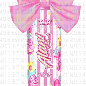 May include: A pink and white striped energy drink can with the word "Fluffy" in a marquee style. The can is decorated with cotton candy and floral designs, and a large pink bow is on top. The can reads "Cotton Candy" and "Energy Drink".