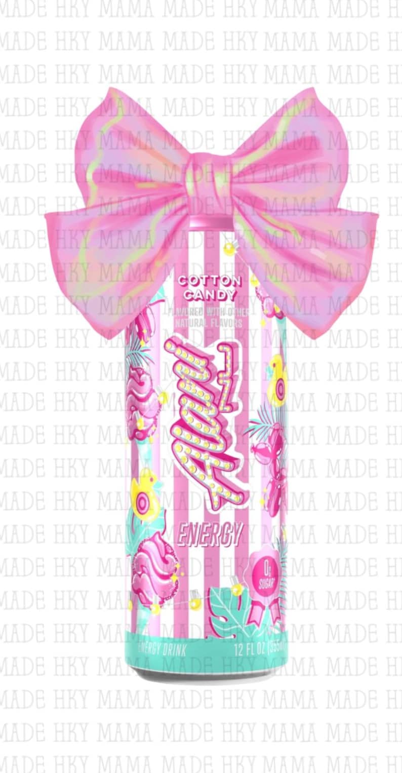 May include: A pink and white striped energy drink can with the word "Fluffy" in a marquee style. The can is decorated with cotton candy and floral designs, and a large pink bow is on top. The can reads "Cotton Candy" and "Energy Drink".