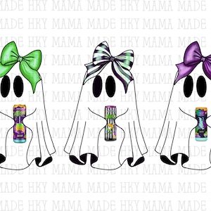May include: Three cartoon ghosts with bow ties and holding cans. The ghosts have black eyes and are wearing green, black and white, and purple bow ties. The cans have colorful labels.