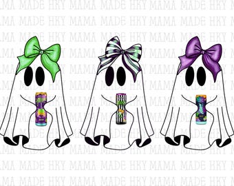 May include: Three cartoon ghosts with bow ties and holding cans. The ghosts have black eyes and are wearing green, black and white, and purple bow ties. The cans have colourful labels.