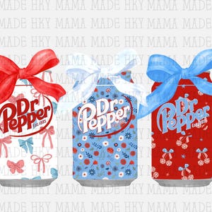 May include: Three decorative Dr. Pepper cans with bows. One can is white with red bows, another is blue with floral patterns, and the last is red with cherries. Each can has a large bow at the top.