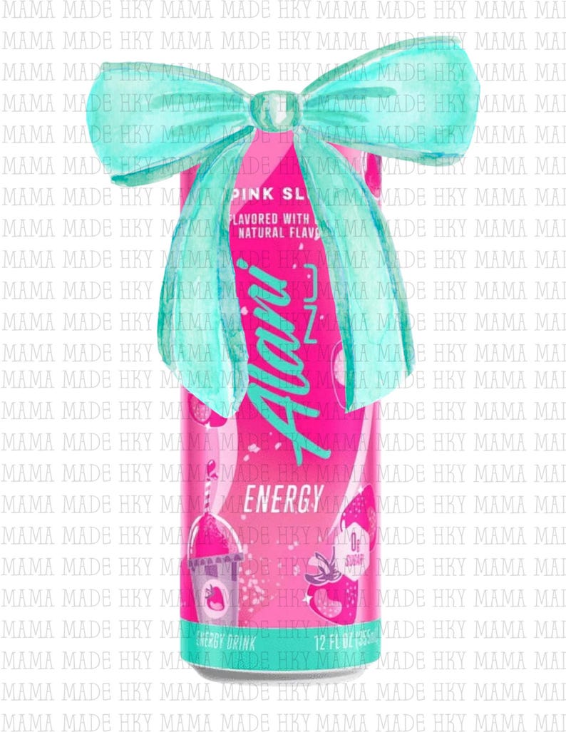 May include: A pink Alani Nu Energy drink can with a teal bow. The can features the text "Pink Slush" and "Energy", and is 12 fl oz. The drink is flavored with natural flavors and has zero sugar.