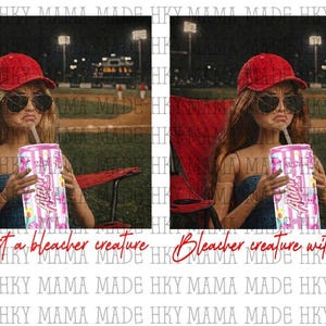 May include: A digital image features a person wearing a red cap and sunglasses, seated in a red chair, holding a pink and white beverage. The text "Literally just a bleacher creature" and "Bleacher creature with opinions" are visible.