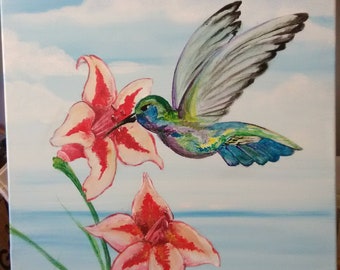 Hummingbird by Trevis Collins.  Acrylic Painting on Canvas. 16in. x 21in. / Acrylic Painting / Hummingbird Painting / Bird Painting