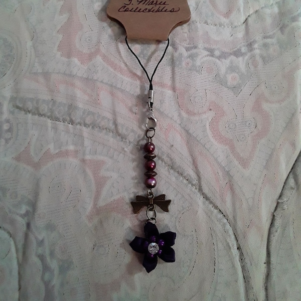 4 Inch Antiqued Bronze and Purple Themed Purse Charm/Purple Flower Purse Charm/ Ribbon Flower Purse Charm/Antiqued Bronze Purse Charm