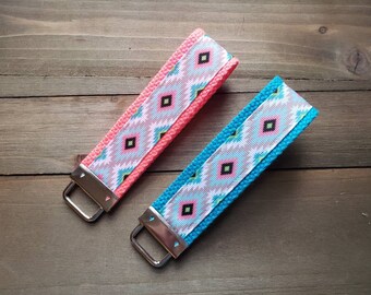Aztec Keychain  / Wristlet Keychain / Ribbon Keychain / Ribbon Keyfob / Teacher Gift / Gifts Under 10 / Stocking Stuffer