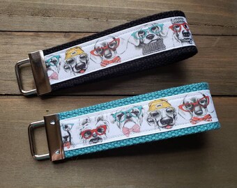 Dogs with Glasses Keychain  / Wristlet / Ribbon Keychain / Ribbon Keyfob / Teacher Gift / Gifts Under 10 / Stocking Stuffer