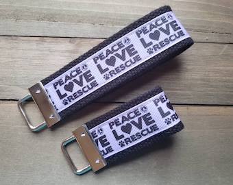 Peace Love Rescue Keychain  / Wristlet  /  Ribbon Keychain / Ribbon Keyfob / Teacher Gift / Gifts Under 10