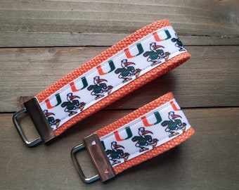 Miami Hurricanes Keychain  / Wristlet  /  Ribbon Keychain / Ribbon Keyfob / Teacher Gift / Gifts Under 10 / Stocking Stuffer