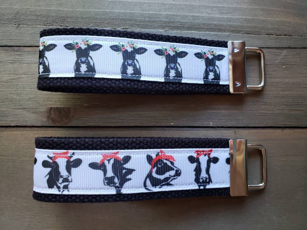 Cow Keychain / READY TO SHIP / Wristlet Keychain /  Ribbon Keychain /…