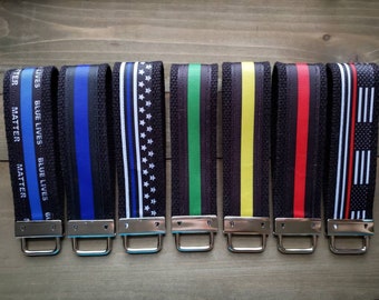 Thin Blue Line, Police & Fire Keychain  / Ribbon Keychain / Ribbon Keyfob / Teacher Gift / Gifts Under 10 / Stocking Stuffer
