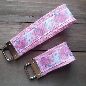 Pink Flower Keychain  / Wristlet Keychain /  Ribbon Keychain / Ribbon Keyfob / Teacher Gift / Gifts Under 10
