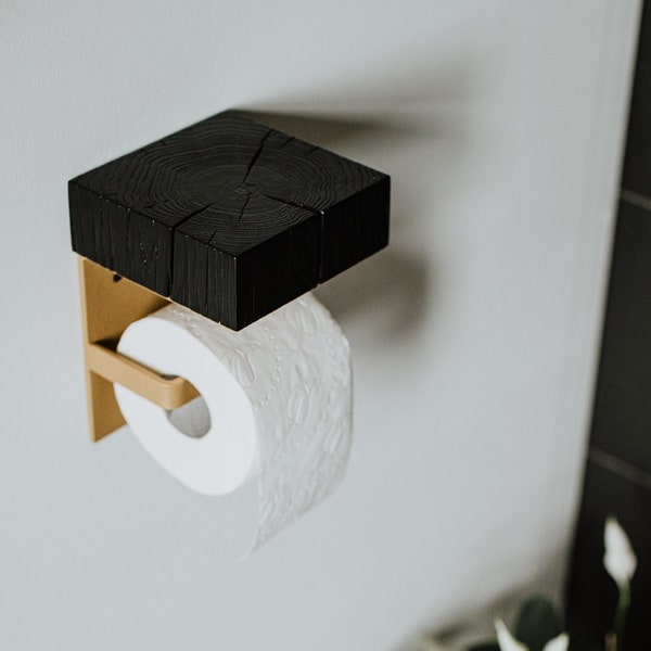 Toilet Paper Holder with Shelf, Bathroom Decor, Black and Gold Interior, Handgemacht Toilettenpapierhalter, Klopapierhalter aus Holz