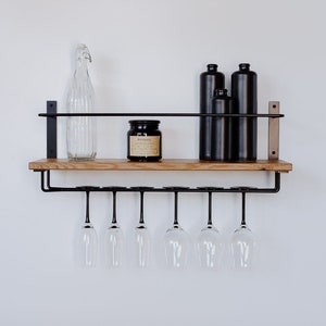 Wine Glass Shelf, Wall Mounted Hanging Shelf with Wine Glass Rack, Wood Metal Wall Shelf, Bar Shelf, Wine Glass Holder, Weinregal Wand