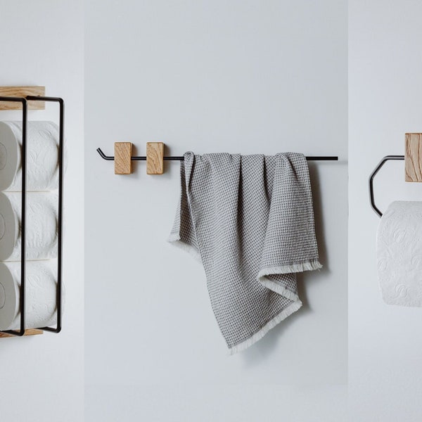 Toilet Paper Holder, Towel Rack, Toilet Roll Storage, Bathroom SET of 3, Handmade from Wood and Metal, Handtuchhalter, Toilettenpapierhalter
