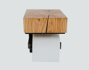 Toilet Paper Holder with Shelf, Toilettenpapierhalter, Klopapierhalter aus Holz, Handmade Solid Oak Shelf with Metal Toilet Roll Holder