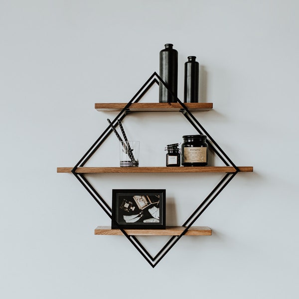 Wall Shelf, Storage from Solid Oak Wood and Metal Construction, Geometric Shelf, Rhombus Form Shaped Wall Shelf, Wandregal Eiche und Metall