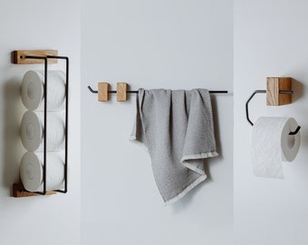 Porte-papier toilette, porte-serviettes, rangement de rouleau de papier toilette, salle de bain SET de 3, fait à la main à partir de bois et de métal, Handtuchhalter, Toilettenpapierhalter