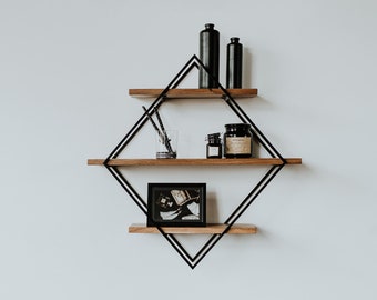 Wall Shelf, Storage from Solid Oak Wood and Metal Construction, Geometric Shelf, Rhombus Form Shaped Wall Shelf, Wandregal Eiche und Metall