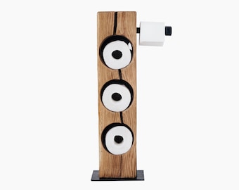 Handmade Solid Oak Toilet Paper Holder with Forged Metal Base