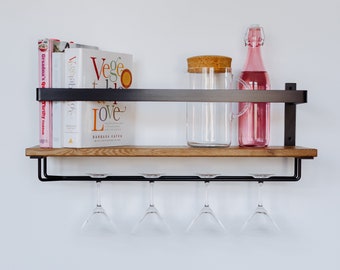 Wall Mount Hanging Wine Glass Rack Shelf, Wine Glass Holder, Wood and Metal Shelf, Wine Shelf with Glass Holder, Weinglas Regal Wand