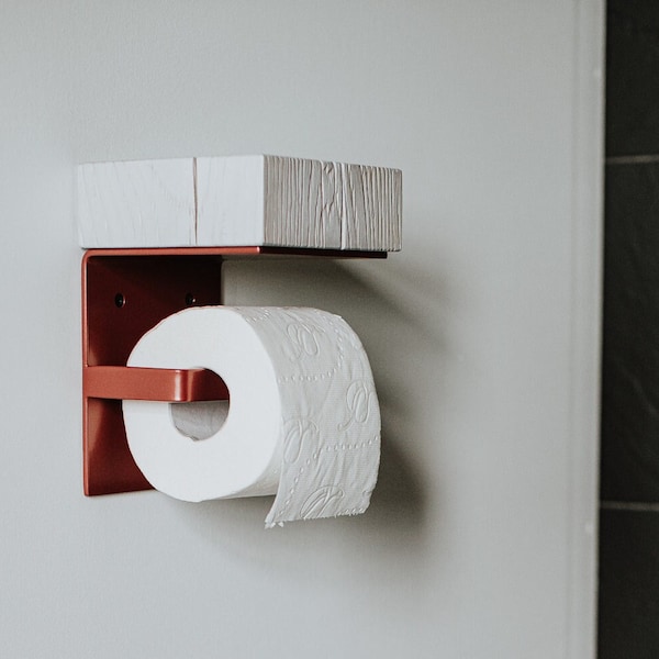 Toilet Paper Holder with Shelf, White Bathroom Decor, Handmade from Solid Oak Wood with Metal Toilet Roll Holder, Toilettenpapierhalter Holz