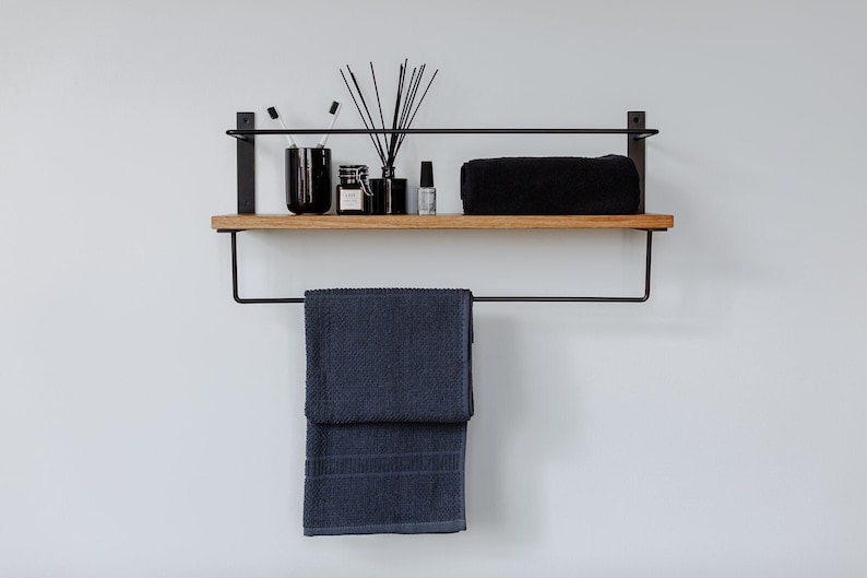 Bathroom Shelf with Towel Bar - a functional and tastefully designed furniture, handmade wood shelf from solid oak that can be easily attached to the wall and variously used.