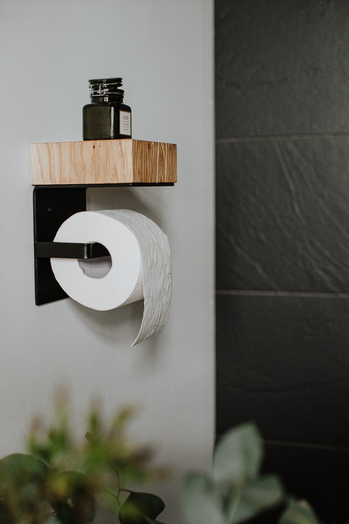 Support de Papier Toilette avec Étagère, Fait à La Main Partir Tranche Poutre en Chêne Massif Suppor