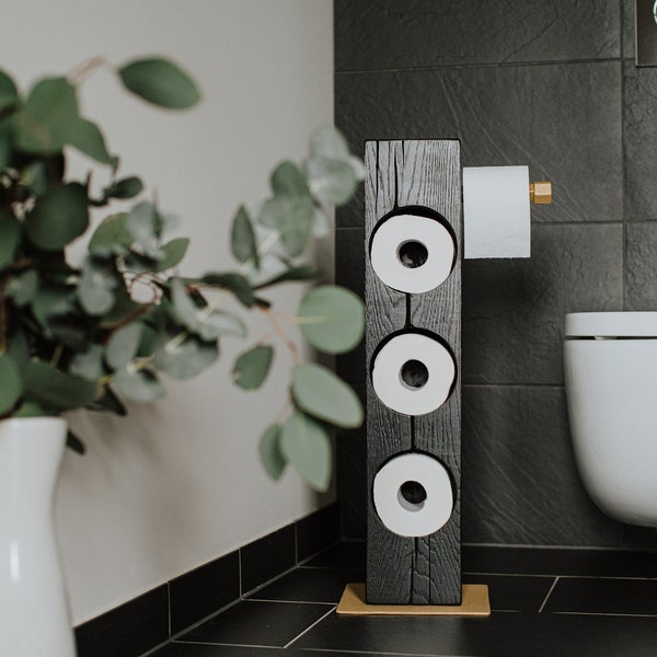 Toilet Paper Storage, Black and Gold Edition Toilet Paper Holder, Handmade from Solid Oak Beam with Forged Metal Base and Toilet Roll Holder