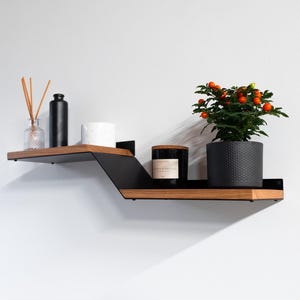 Scandinavian Geometric Wood Metal Wall Shelf from Solid Oak and Metal, Handcrafted Shelving, Wandregal aus Metall und Eiche Holz