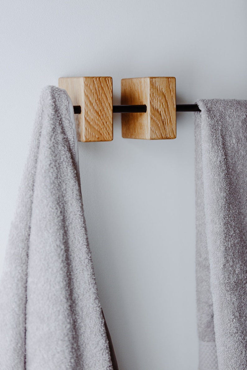 Towel Rack, Towel Bar, Towel Holder, Handtuchhalter, Towel Rail, Wall Towel Hanger, Wood Metal, Mounted Towel Rack, Metal Schwarz, Holz image 7