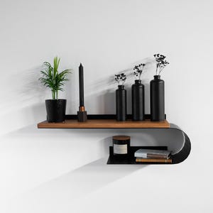 Wall Mount Handmade Wall Shelf from Oak and Metal, Wooden Shelf with Metal Rail for Home Storage and Organization, Wandregal Eiche Metall