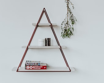 Geometric Triangle Oak Wall Shelf, Copper Metal Frame