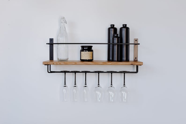 Wine Glass Shelf, Wall Mounted Hanging Shelf with Wine Glass Rack, Wine Glass Holder -functional and tastefully designed furniture, handmade wood shelf from solid oak that can be easily attached to the wall and variously used.