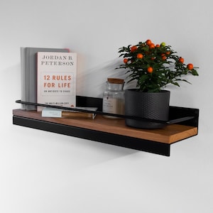 Floating Handmade Wood Metal Wall Shelf from Solid Oak and Metal, Handcrafted Shelving, Wandregal aus Metall und Eiche Holz