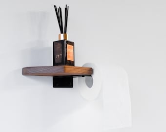 Wall Mount Oak Toilet Paper Holder with Shelf, Modern Bathroom