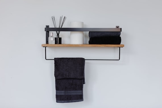 Oak Floating Bathroom Shelf with Black Metal Towel Bar